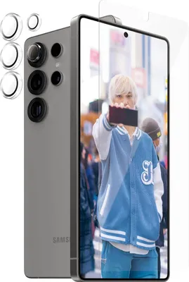 A smartphone with camera lens protectors and a screen protector showing a person taking a selfie.