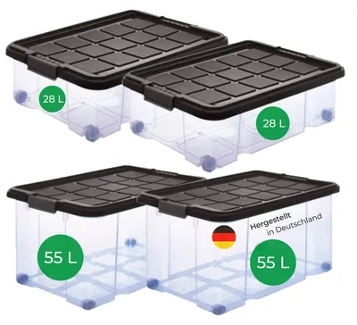 Produktbild von Novaliv 4 tlg Sparset Aufbewahrungsbox mit Deckel Anthrazit 2x 55 L + 2x 28 L Nestbar stapelbar Clipverschluss Rollboxen BPA-frei
