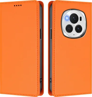 Image de Etui en cuir pour Honor Magic6 Pro, étui magnétique en cuirPolyuréthaneavec support Orange