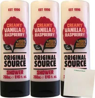 Produktbild von Original Source Creamy Vanilla & Raspberry Duschgel 3er Pack (3x250ml Flasche) + usy Block
