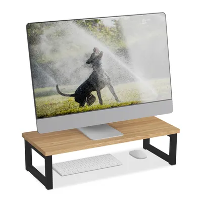 Obrázek produktu pro Stojan na monitor Relaxdays, podstavec pod monitor na stůl, V x Š x H: 15 x 55 x 23 cm, průmyslový design, přírodní/černý