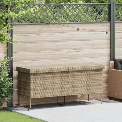 An outdoor storage box sits on a patio in front of a wooden fence.