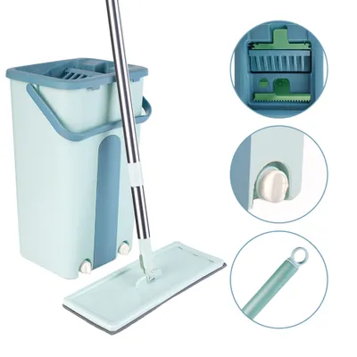 Produktbild von Mikrofasermopp mit Eimer Flach Mopp mit 2 Wiederverwendbare Tuch Bodenreinigung Grün