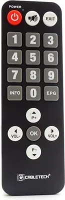 A black remote control with various buttons.