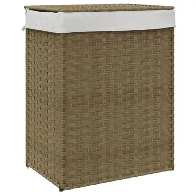 A brown woven laundry basket with a white lid sits on a white background.