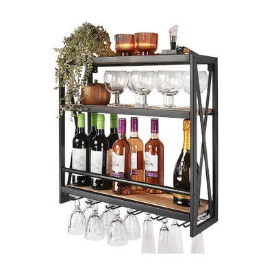 Produktbild von Stojan na víno Kobolo - SYRAH - kov a mangové drevo 60x20x62 cm - závesný stojan na víno stojan na fľaše stojan na fľaše držiak na víno závesný stojan s policou