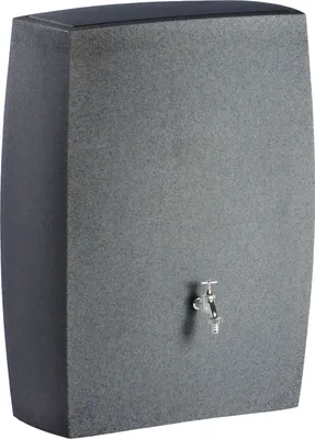 A gray rain barrel with a tap on the front.