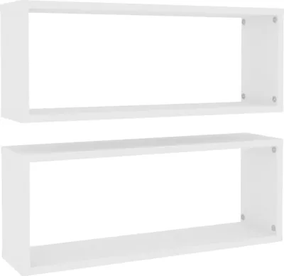 Two white cube shelves are shown against a white background.