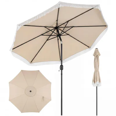Zdjęcie produktu dla Parasol ogrodowy COSTWAY Boho, parasol ogrodowy o średnicy 270 cm, parasol targowy z możliwością pochylania o 30° w obie strony, parasol balkonowy z frędzlami i korbą, parasol tarasowy
