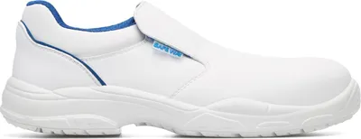 A white slip-on safety shoe with blue trim.