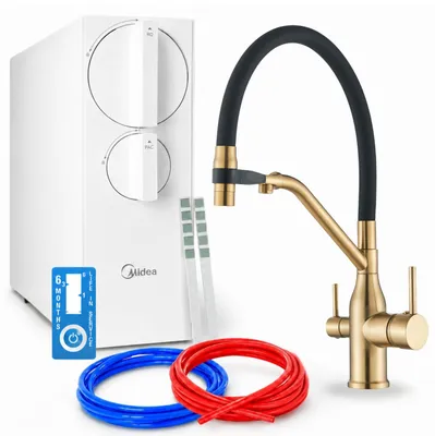 Productafbeelding van Keukenmengkraan met waterfiltersysteem, Ari Magneto, mengkraan met twee grepen, messing, keramische cartridge, perlator, geborsteld goud. Inclusief aansluitslangen