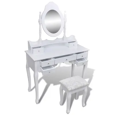 Immagine prodotto di vidaXL Tavolino da toilette con specchio e sgabello 7 cassetti Bianco