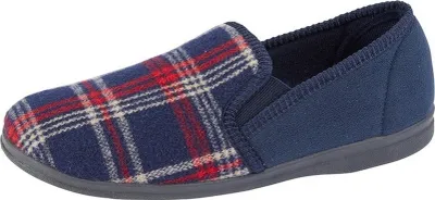 Image de Sleepers - Pantoufles pour homme "Jim", carreaux, velours DF2026 (42 EU) (Bleu marine)