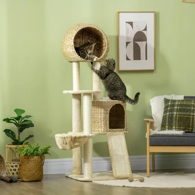 Produktbild von SUGIFT Hängematte, Kratzbaum mit Katzenhaus, Kratzmatte, Katzenkratzbaum, beige | Sisal & Plüsch | 14,15 kg | 60 x 60 x 150 cm