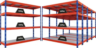 Produktbild von Mega Deal | 5x Profi Schwerlastregal Rhino | HxBxT 180x200x60cm | 4 Stahlplatten-Ebenen | Fachlast 500kg | Blau/Orange