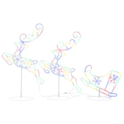 Three illuminated reindeer figures and a sleigh.