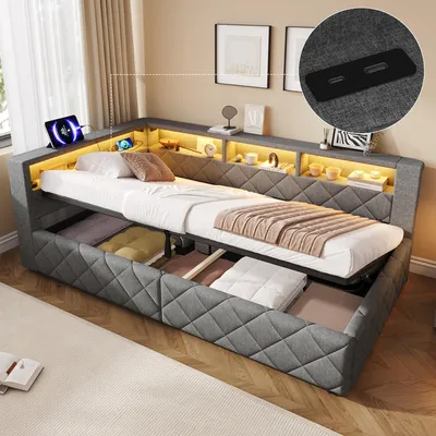 Image de Canapé-lit 90x200, avec espace de rangement hydraulique, éclairage LED, port USB, sans matelas, en lin
