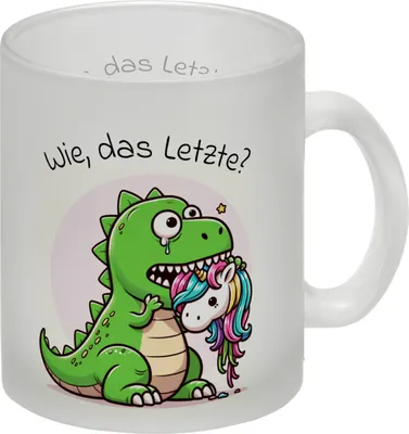 Produktbild von T-Rex Dinosaurier frisst Einhorn Glas Tasse mit Spruch Wie das Letzte?