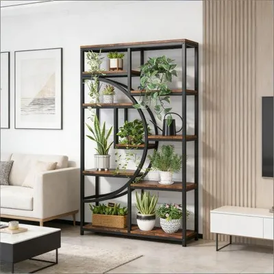 Obrázok produktu pre Samostojaca knižná polica s geometrickým polmesiakovým dizajnom a 9 otvorenými policami, rozmer 95 x 30 x 174 cm