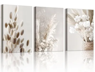 Produktbild von Set mit 3 Leinwanddrucken für die Wandgestaltung, gerahmt, mit beige-farbenen Blumenmotiven
