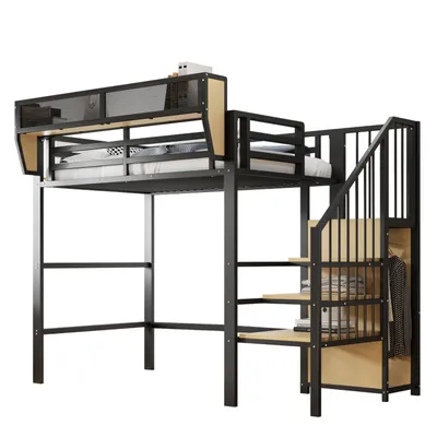 Produktbild von Hochbett(Schwarz)mit Sicherheitsleiter und flexiblem Staufach, Metallbett Erwachsenenbett Kinder-Etagenbett
