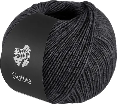 A ball of dark gray yarn with a black label.