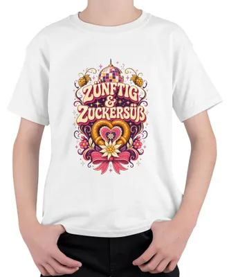 Produktbild von Zünftig & Zuckersüß Volksfest Wiesn Brezel Party Lederhose Dirndl Kinder T-Shirt, Weiß, 128