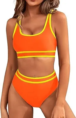 Produktbild von Frauen High Waist Bikini-Sets Sportliche Zweiteilige Badeanzüge Farbblock Freche Hochgeschnittene Bademode