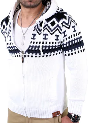 Produktbild von Reslad Herren Grobstrick Norweger Winter Strickjacke mit Kapuze RS-3104  Weiß L