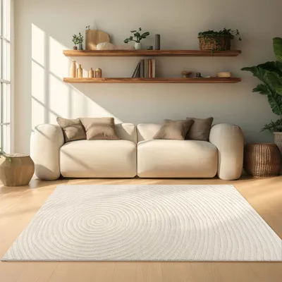 Zdjęcie produktu dla Dywan do salonu TT Home, dywan do jadalni, krótki włos, styl Japandi, skandynawski design, wzór geometryczny, motyw łuków i linii, kolekcja Panglao, styl boho, miękka w dotyku, efekt 3D, wymiary: 80x250 cm