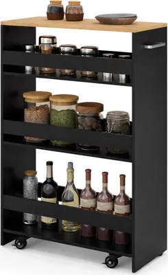 A black four-tier rolling cart filled with various jars and bottles, placed on a white background.