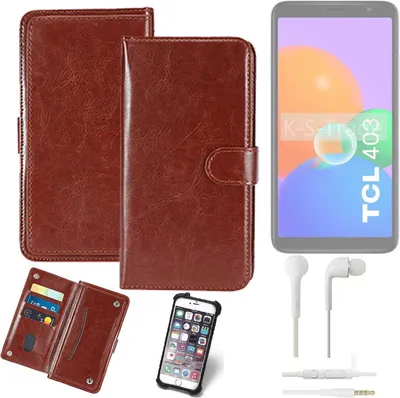 Produktbild von K-S-Trade 360° Hülle kompatibel mit TCL 403 inkl. Headphones braun Kunstleder Case BookCase WalletCase Kunstlederederhülle Handyhülle,