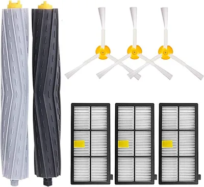 A set of replacement parts for an iRobot Roomba vacuum cleaner, including brushes and filters, arranged on a white background.