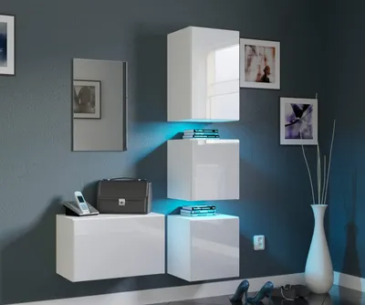 Produktbild von Furnitech F1 Flur Dielenmöbel Garderobenschrank Dielenschrank Schuhschrank Flurmöbel Set Spiegel (LED weiß, F1-HG-W-2)