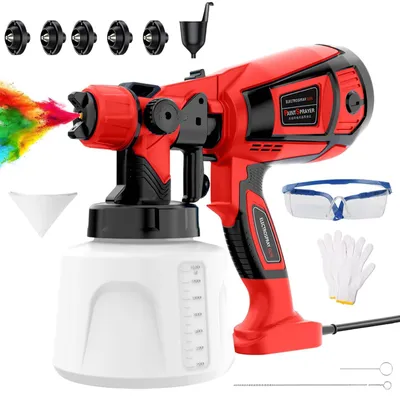 Obrázek produktu pro Elektrická stříkací pistole – systém HVLP 650 W – nádržka 1400 ml – 6 měděných trysek 0,8–2,5 mm – nastavitelný průtok barvy – červená
