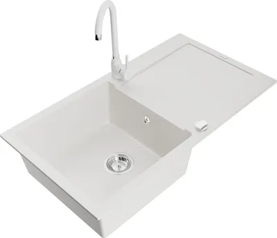 Obrázok produktu pre Mexen Leo granitový jednokomorový drez s odkvapkávačom a kuchynskou batériou Telma, biela- 6501-20-670200-20