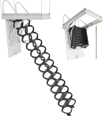Two attic ladders are shown against a white background. One is extended and the other is retracted.