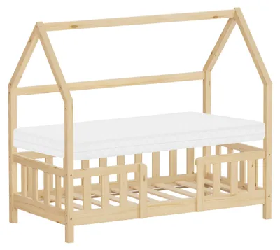 Obrázek produktu pro Dětská postel ML-Design 70 x 140 cm s matrací, ochrannou stříškou proti vypadnutí a roštem, přírodní Montessori postel z borového dřeva, postel ve tvaru domečku pro holčičky a kluky