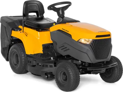 A yellow and gray riding lawn mower is shown from a three-quarter front angle against a white background.