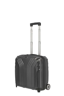 A dark gray pilot case with a retractable handle and wheels, shown against a white background.