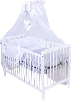 Produktbild von KMbaby Babybett Jose weiss 120x60 mit 10tlg Bettwäsche Set Matratze Gitterbett grau weiss