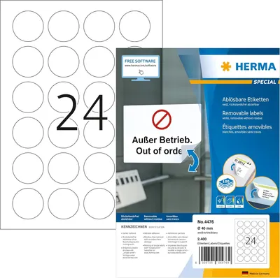 Produktbild von Etiketten A4 weiß Ø 40 mm rund Movables/ablösbar Papier matt 2400 St.