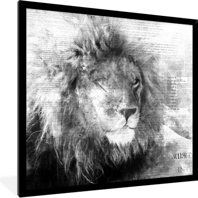 Produktbild von MuchoWow® Gerahmtes Poster Löwe - Zeitung - Schwarz - Weiß 40x40 cm - Poster mit Schwarzem Bilderrahmen Wandposter Rahmen Foto Bilder - Mit Rahmen - Wanddekoration Schlafzimmer
