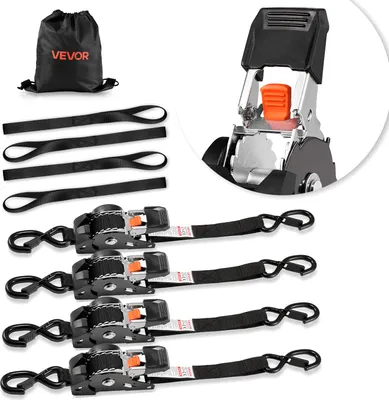 Obrázek produktu pro Automatické napínací pásy VEVOR, 25,4x3048 mm, napínací pásy s S-háky, přetržení 544 kg, 4 měkké smyčky, ráčnový mechanismus pro stahování, přívěsy, motocykly, kajaky, střechy automobilů, 4 balení