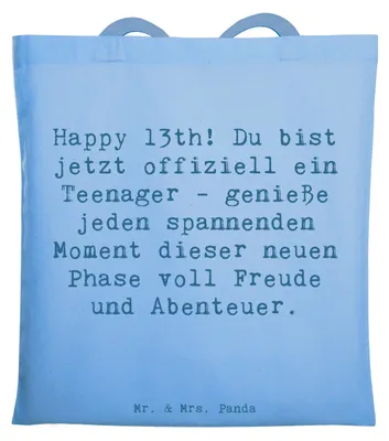 Produktbild von Mr. & Mrs. Panda Schultasche Spruch 13. Geburtstag - Sky Blue - Geschenk, Uni Tasche, Happy Birthday, dokumententasche, Shopping, Tote Bag, unvergessliche Momente, Feier