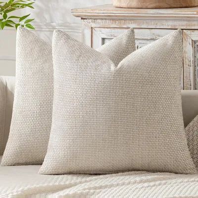 Produktbild von Set mit 2 Kissenbezügen 45x45 cm, beige Chenille, Sofakissen, Dekokissen, Kissenbezüge mit elegantem Design für Bett, Sofa und Wohnzimmer.