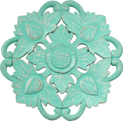 Produktbild von Vintage Blumen Ornament  Shabby Chic Symbol Holzblume Mandala Relief Deko Holz Schnitzerei Türkis ca. 40 x 40 cm