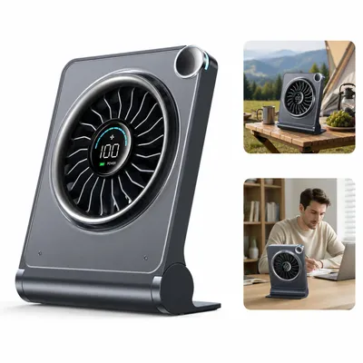 Produktbild von Mini Tischventilator leise USB wiederaufladbar, 100 Geschwindigkeitsstufen, LED Display, 3000mAh Akku, 180° klappbar, tragbar für Büro & Schlafzimmer