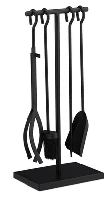 Image de Ensemble d'accessoires pour cheminée Relaxdays, 5 pièces, style moderne, comprenant un tisonnier, une pince, un balai de cheminée, une pelle à cendres et un support, noir