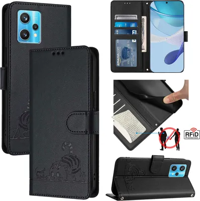 Produktbild von Leder Hülle für Realme 9 4G Süße Katze Flip Case Brieftasche Schutzhülle mit Standfunktion Schwarz